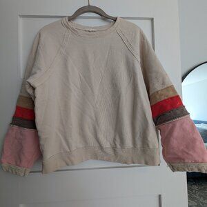 Easel Small 100% Cotton Tan Sweatshirt Colorblock Pink Red Brown Striped Sleeves